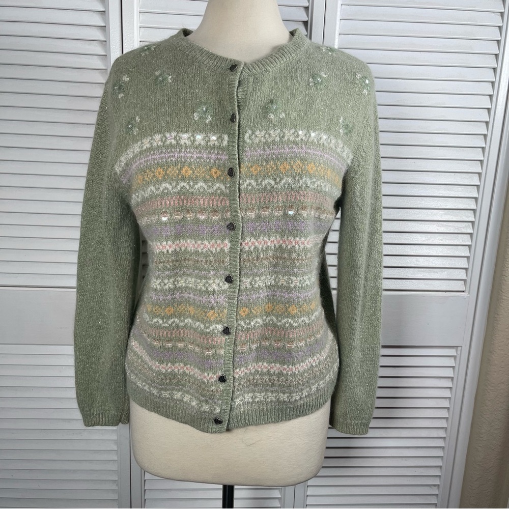 Vintage‎ Angora Fair Isle Cardigan Green Floral Beaded Sweater Koret M Petite